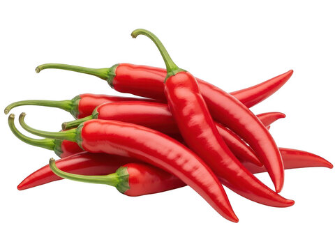 A pile of fresh, vibrant red chili pepper vegetables with green stems isolated on transparent background