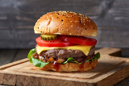 Close up of burger with fresh tomato and sesame bun on wooden board