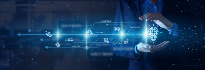 Solution Architect hands holding blueprint Solution architecture design analysis requirement network connections integration deployment optimization implementation.