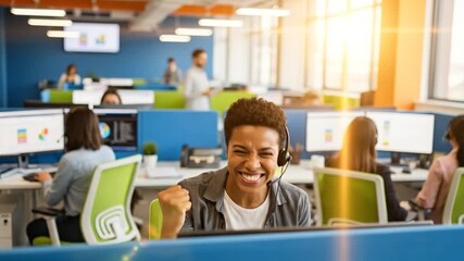 Triumphant customer service worker celebrates successful sale