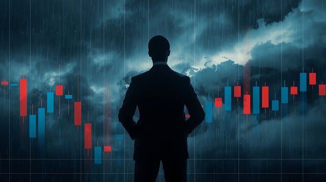 Man in Suit Looking at Stock Market Crisis and Falling Prices
