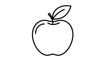 A simple black and white outline drawing of a fresh apple with a stem and a single leaf, perfect for icons or educational materials.
