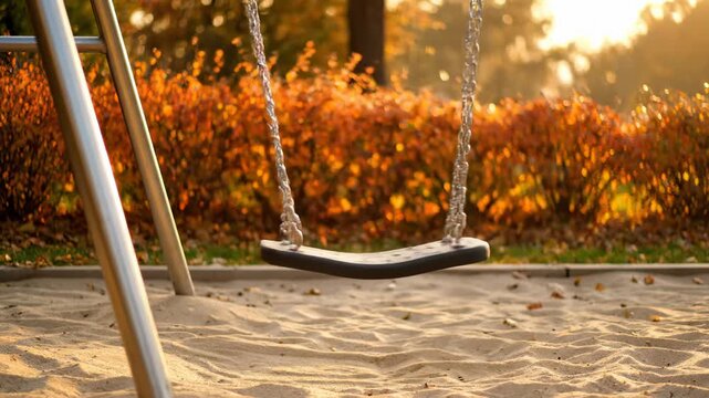 Empty Swing Set Gently Swinging on a Playground in Autumn