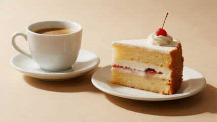 A clean sharp studio shot captures a white cup of latte and a slice of cake on a plate isolated on a warm neutral background