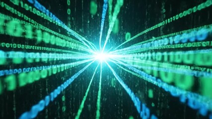 Dynamic data streams flow across stark backdrop in abstract animation