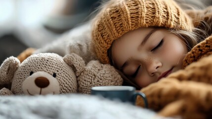 A young girl is sleeping peacefully, nestled with a teddy bear and a mug, creating a warm and comforting atmosphere.