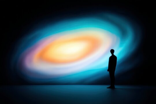 A silhouette of a person stands in a dark room, gazing at a vibrant, swirling galaxy-like shape on a wall. The image evokes a sense of wonder and contemplation.