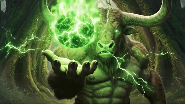 Mythical minotaur creature standing in a lush green fantasy forest