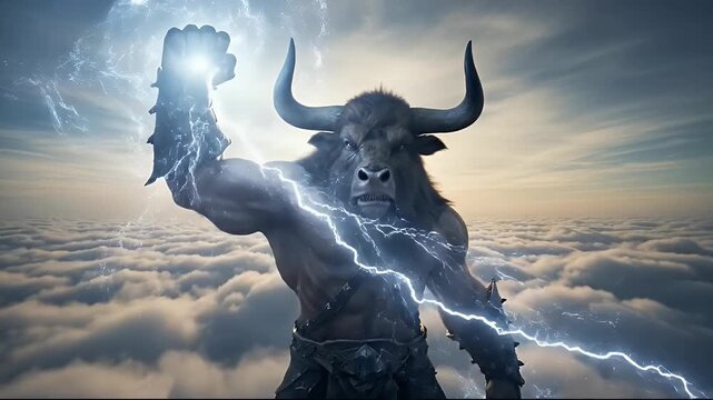 Mythical minotaur creature standing victorious on a mountain peak above the clouds at sunrise