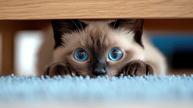 A close-up of a Siamese cat peeking out from under a piece of furniture, showing its bright blue eyes. - Powered by Adobe