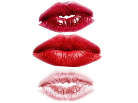 Three different styles of red lipstick lips, including a kiss print, isolated on transparent background