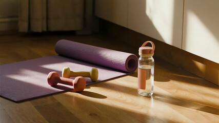 A peaceful sunlit corner of a living room is prepared for a morning workout with a yoga mat and colorful dumbbells