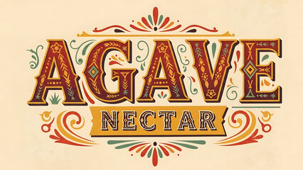 Ornate and decorative vintage-style typography for 'AGAVE NECTAR' with intricate patterns and warm colors, featuring scrollwork and floral embellishments.