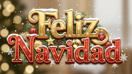 Feliz Navidad in festive gold and red lettering with snow, surrounded by Christmas ornaments, fir branches, and falling snowflakes, against a bokeh background.