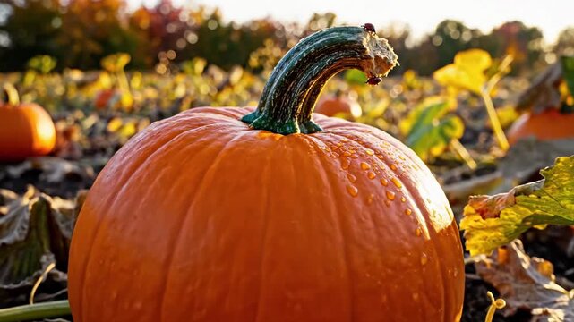 Vibrant Pumpkin Patch Scene with Autumnal Colors and Foliage.