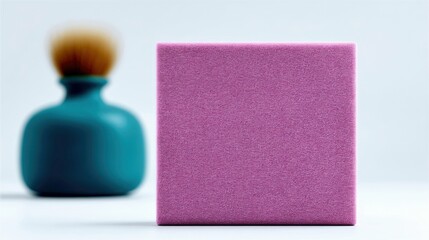 A purple cube stands next to a teal brush on a white surface. The brush is out of focus, creating a minimalist composition.