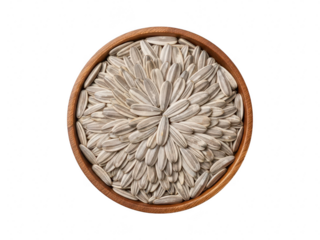 Top view of raw striped sunflower seeds arranged in a circular pattern inside a small wooden bowl, isolated on transparent background