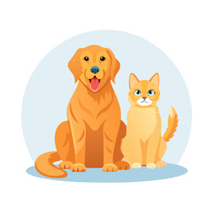 A cheerful golden retriever and a curious orange cat sitting side by side on a light background. showcasing friendship between pets. perfect for animal-related content in various media
