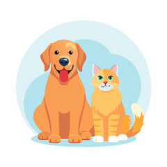A cheerful golden retriever and a curious orange cat sitting side by side on a light background. showcasing friendship between pets. perfect for animal-related content in various media
