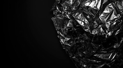 Displaying a detailed  of crumpled and reflective black foil texture against a deep black backdrop, showcasing abstract form and shapes.