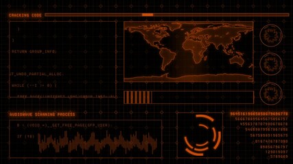 Orange color hi tech HUD animation with random codes and binary code matrix design black technology background - Powered by Adobe
