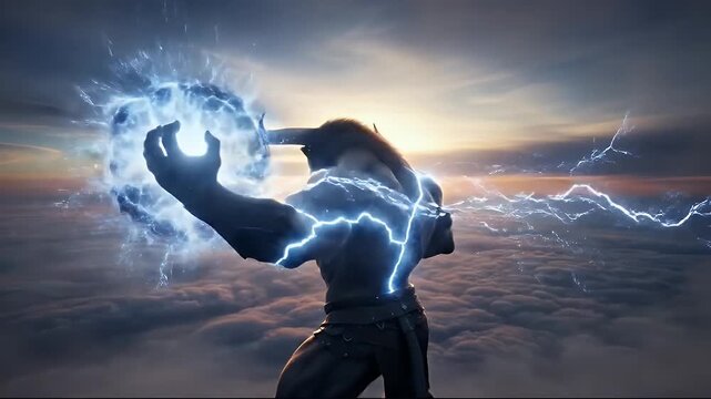 Mythical minotaur creature walking above the clouds during a dramatic sunrise or sunset