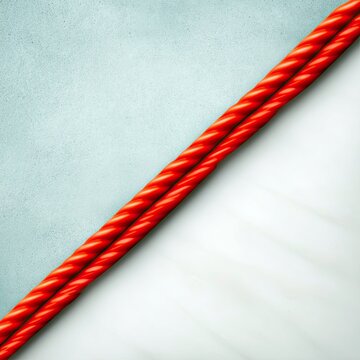 Close-up of two red Twizzlers candies arranged diagonally across a blue and white background, creating a visually appealing composition.
