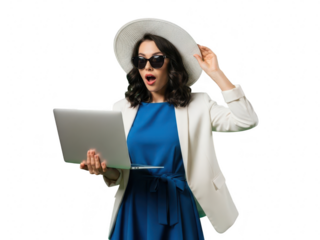 Surprised woman in sun hat and sunglasses looking at laptop screen with open mouth isolated on transparent background