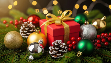 Christmas gift box decoration with gold ribbon and seasonal red ornament ball on green pine branch