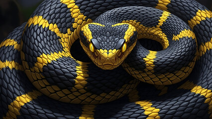 Obraz premium Close-up of a black and yellow patterned snake coiled with its head facing forward.