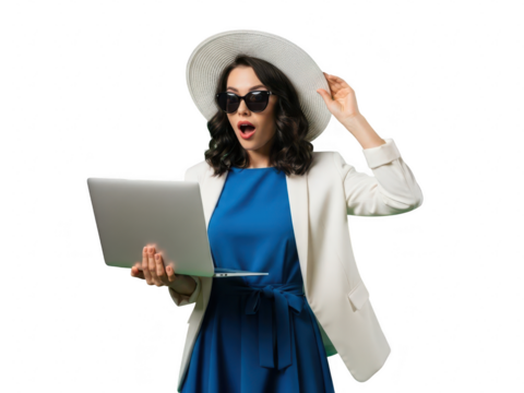 Surprised woman in sun hat and sunglasses looking at laptop screen with open mouth isolated on transparent background - Powered by Adobe