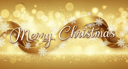A festive, golden ribbon with snowflakes and the words 'Merry Christmas' against a sparkling, gold background.