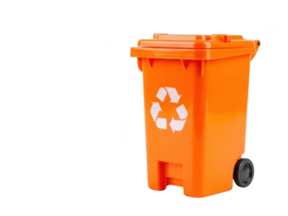 Bright orange recycling bin with universal recycle symbol on side, isolated on transparent background