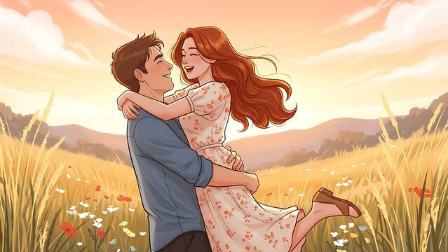 A happy couple embracing in a sunlit golden field with wildflowers and mountains in the background, depicting a romantic moment.