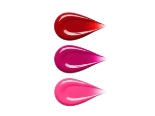Three glossy lipstick or lip gloss swatches in red, magenta, and pink shades, isolated on transparent background