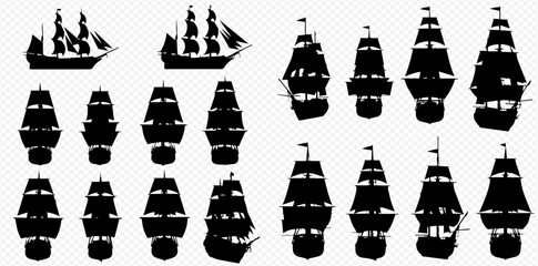 Collection of black silhouettes depicting various classic sailing ships from side and stern views on a transparent background.