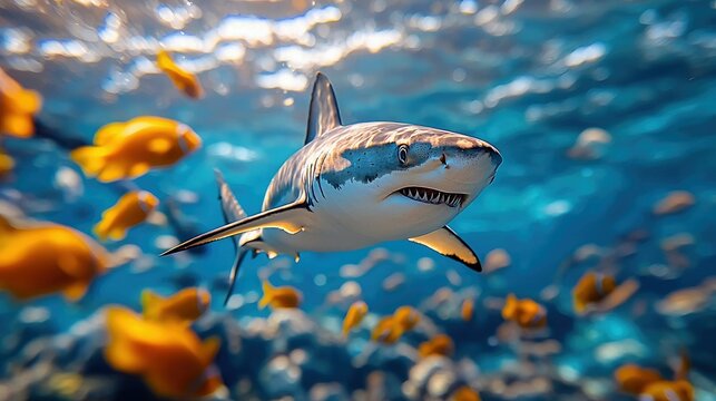A close-up view of a shark swimming underwater with yellow fish in a bright, blue ocean environment. - Powered by Adobe