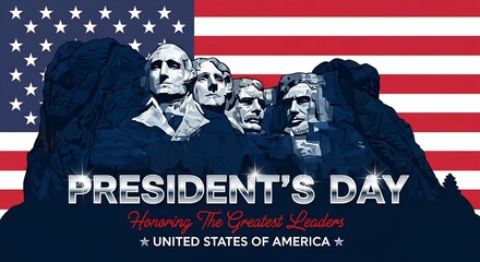 US Presidents Day banner featuring stylized rock carvings of four historic American leaders and patriotic flag background illustration.