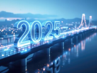 New year 2025 glowing over bridge and skyline at night