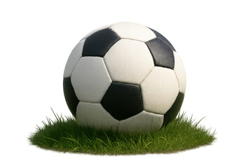Fototapeta premium Soccer ball resting on a patch of green grass, classic black and white design for a sport and game concept