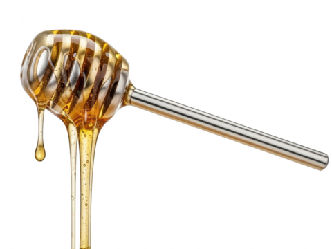Close up of a stainless steel honey dipper dripping golden viscous honey isolated on transparent background
