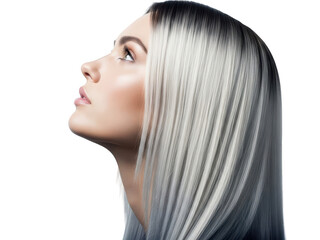 Naklejka premium Profile portrait of a young woman with striking silver and black ombre dyed straight hair isolated on transparent background