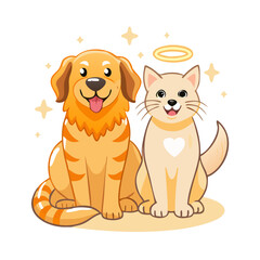 Happy golden retriever dog and a cute tabby cat sitting side by side with halos, symbolizing friendship, companionship, and the loving bond between pets.
