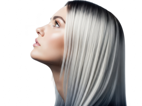 Profile portrait of a young woman with striking silver and black ombre dyed straight hair isolated on transparent background - Powered by Adobe
