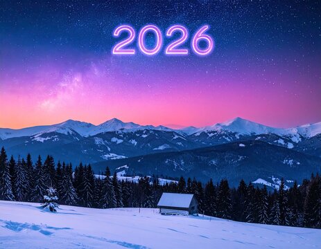 New year 2026 snowy mountains landscape at dusk
