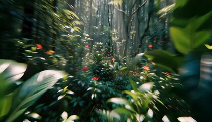 Enchanting Lush Forest Canopy with Vibrant Blooms and Sun-Dappled Foliage