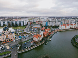 Beautiful architecture of European city of Kaliningrad, Keninksberg. Fish Village. Old Town. top view from drone