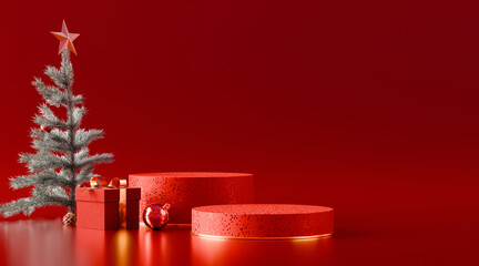 Abstract pink and red christmas product display podium with ribbon tree. 3D rendering