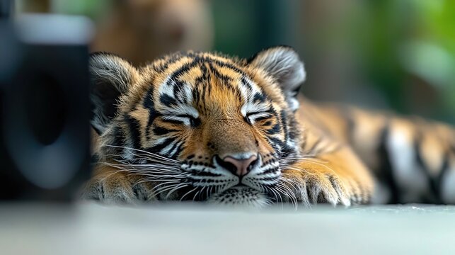 A close-up shot of a young tiger cub sleeping peacefully, its eyes closed, resting on a surface with soft lighting and a blurred background.