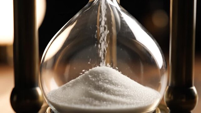 Hourglass close up with white sand flowing through narrow center, vintage glass timer measuring time and patience, metal frame symbolizing passing moments and deadline warm light flowing sand
